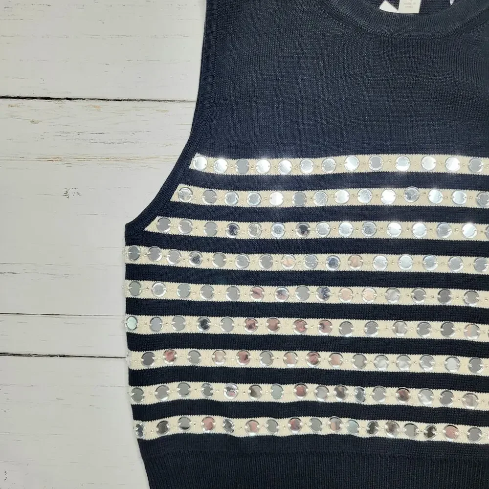 J. Crew Embellished Sweater Shell Black Ivory Beaded Sleeveless Top Crop Medium